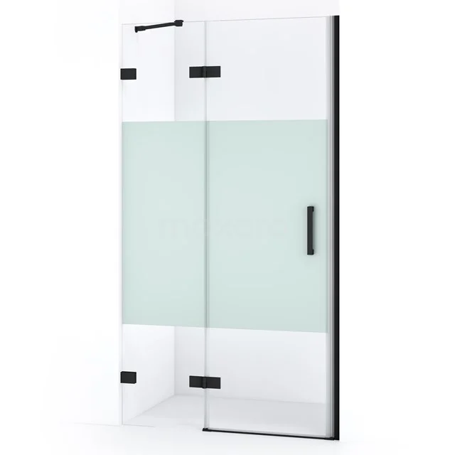 Glass shower screen with black accents and frosted centre panel, ideal for a modern bathroom style.