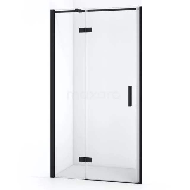 Duschtür mit schwarzen Profilen, Klarglas und Scharniermechanismus, ideal für einen modernen Badezimmerstil.