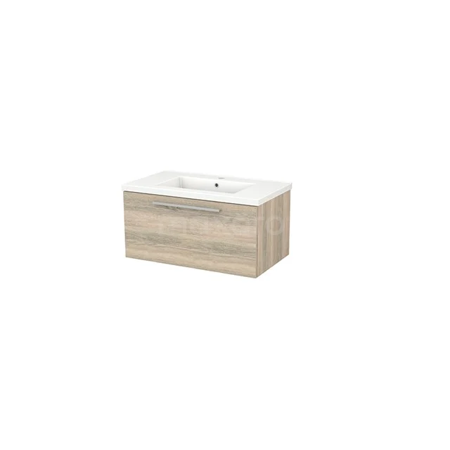 Wooden bathroom unit with basin, light Oak finish, sleek design and soft-close drawers for modern bathrooms.
