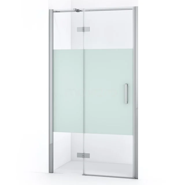 Glasene Duschtür mit mattem geteiltem Design, silberfarbenem Rahmen, praktisch für jedes Badezimmerinterieur.
