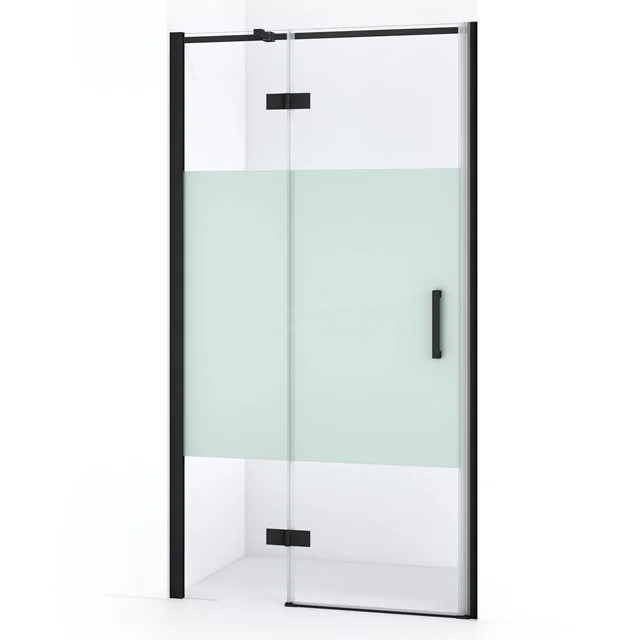 Sliding door for showers, frosted glass in centre, black frame, modern design; ideal for stylish bathroom design.