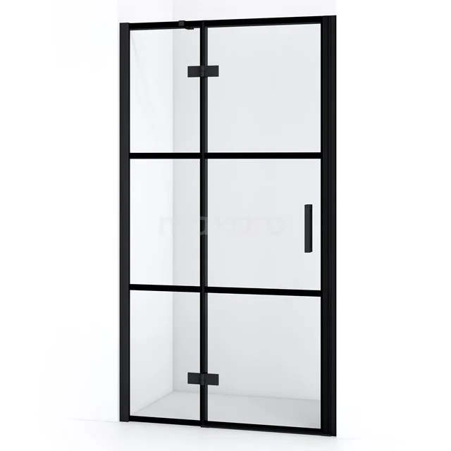 Schwarze industrielle Duschtür mit matt schwarzen Profilen, klaren Glaspanelen und stilvollem schwarzmetallenen Haltegriff.