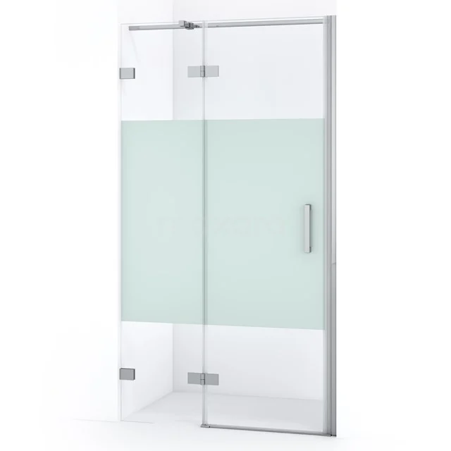 Glass shower door with frosted glass strip, hinges and aluminium frame; stylish and functional for modern bathrooms.
