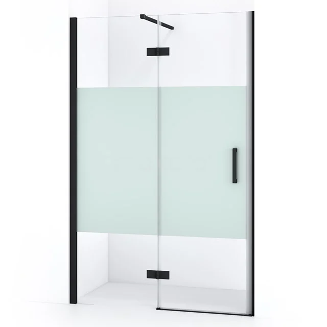 Duschwand mit Mattglas, Schwarz Rahmen und Schiebetür, modernes Design; ideal für stilvolle Badezimmergestaltung.