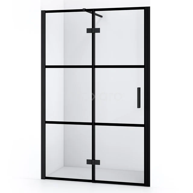 Duschtür Diamond 120cm aus klarem Sicherheitsglas mit schwarzen Streifen Matt Schwarz DDB21661118MB Industrielle Duschtür mit matt schwarzem Rahmen, Glasmustern und metallischem Haltegriff, ideal für einen modernen Badezimmerstil.