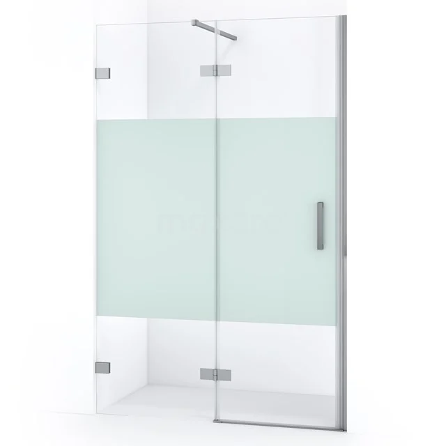 Glas Duschwand mit matter Streifen, klarem Sicherheitsglas, Drehtür und chromierten Scharnieren, perfekt für ein modernes Badezimmer.