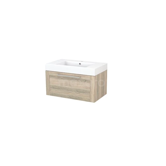 Wooden bathroom unit with drawers and built-in white basin, compact design, ideal for small bathrooms.