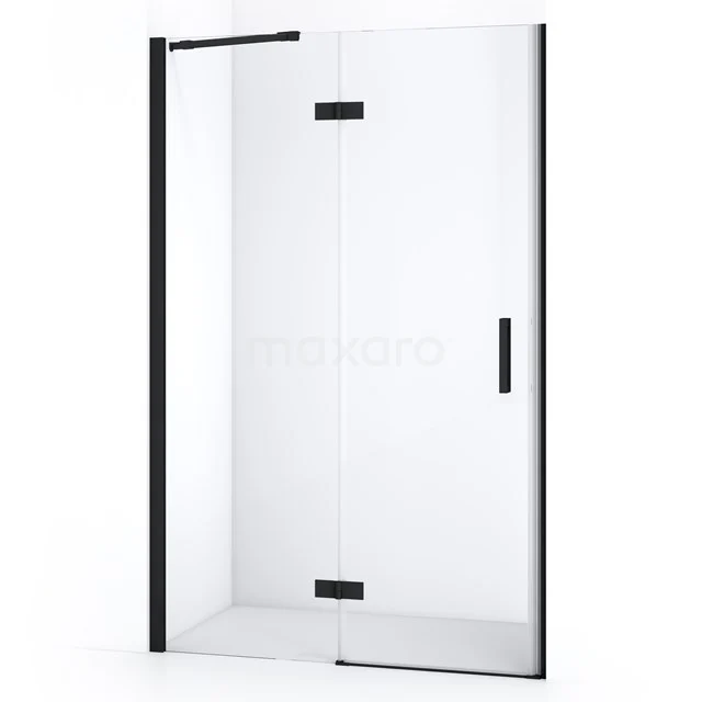 Glasene Duschtür mit schwarzen Profilen, modernes Design, geeignet für stilvolle Badezimmergestaltung.