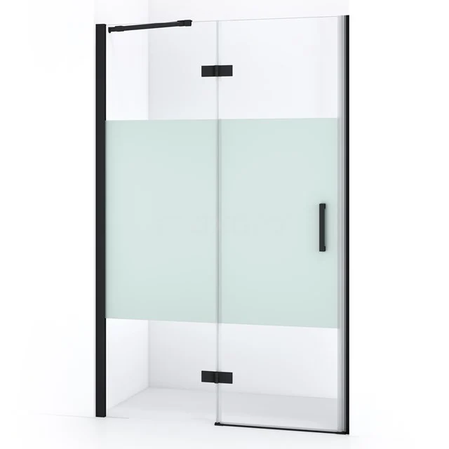 Glasene Duschtür mit mattem Zwischenstück, schwarzem Rahmen und Haltegriff; stilvolle Ergänzung für ein modernes Badezimmer.