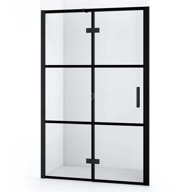 Schwarze industrielle Duschwand mit Glas und Metallrahmen, modernes Badezimmerdesign, geeignet für eine stilvolle Dusche.