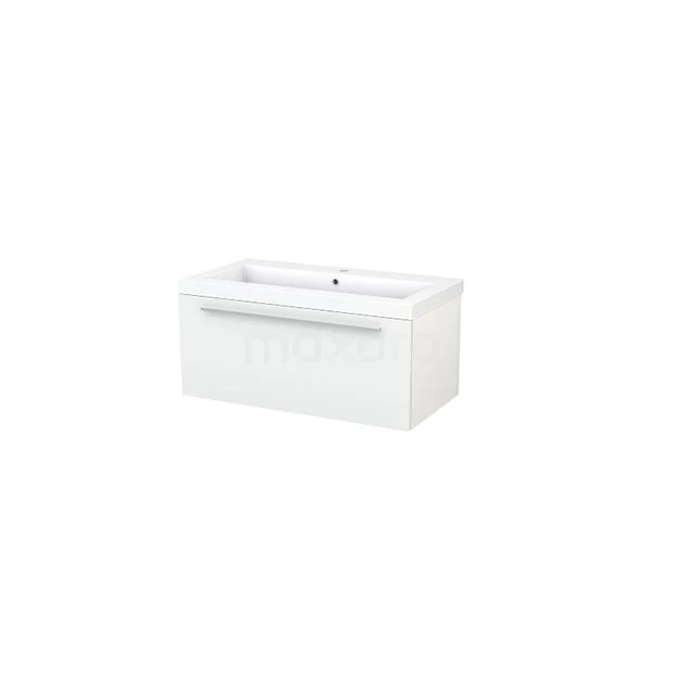 White hanging vanity unit with drawers and chrome handle, ideal for modern bathrooms, made of durable MDF.