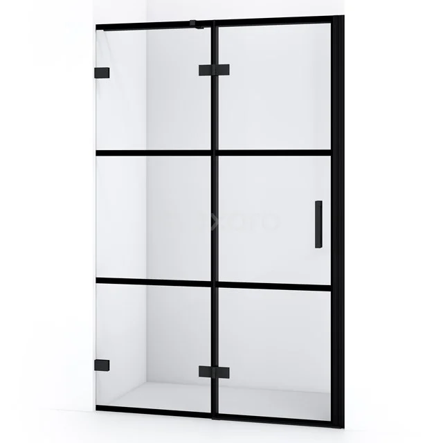 Duschtür Diamond 120cm aus klarem Sicherheitsglas mit schwarzen Streifen Matt Schwarz DDB21661328MB Schwarze industrielle Duschwand mit Glas und Metallrahmen, ideal für einen modernen Badezimmerstil.