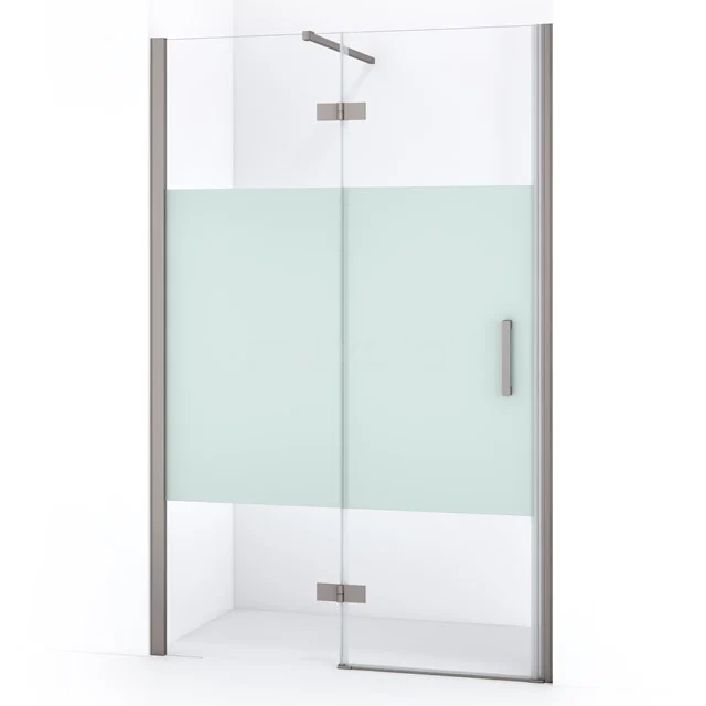Glas Duschtür mit matt weißen Streifen, Edelstahl Haltegriff und Scharniere, ideal für einen modernen Badezimmerstil.