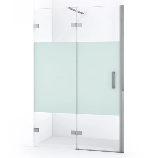 Glasene Duschwand mit matt weißem Streifen, rostfreien Scharnieren und schlankem Design, perfekt für moderne Bäder.