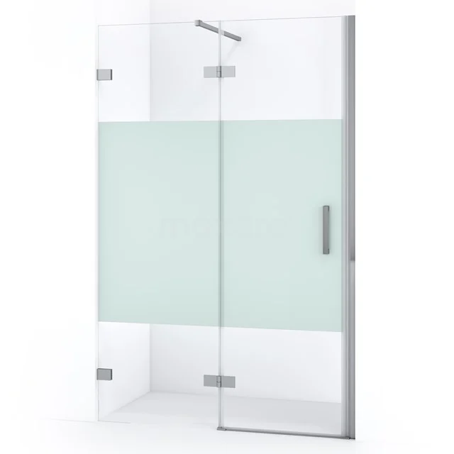 Glasene Duschwand mit matt weißem Streifen, rostfreien Scharnieren und schlankem Design, perfekt für moderne Bäder.