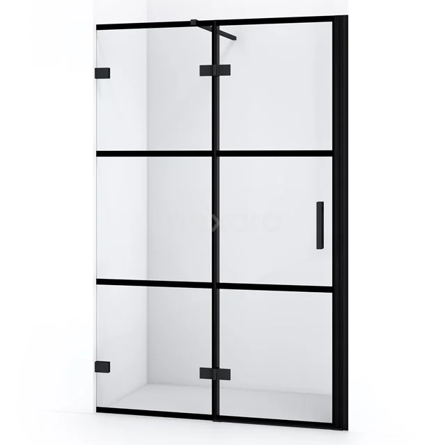 Schwarze industrielle Duschwand mit Klarglas und Metallprofilen, perfekt für ein stilvolles modernes Badezimmer.