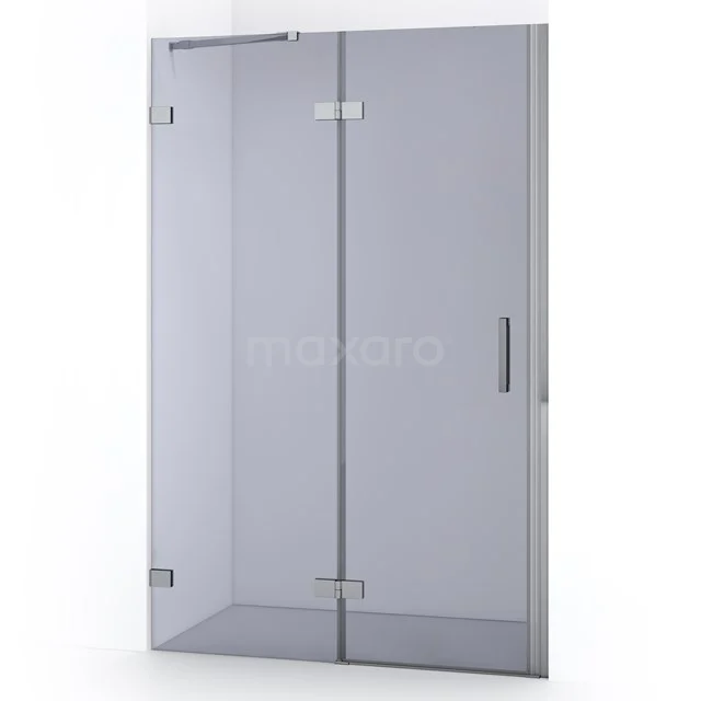 Glas Duschtür mit Scharnieren, Klarglas und silbernem Profil; elegantes Design, ideal für einen modernen Badezimmerstil.