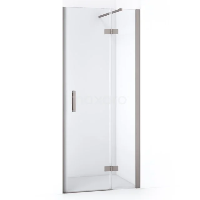 Glasene Duschtür mit silberfarbenen Scharnieren und Haltegriff, modernes Design, perfekt für eine stilvolle Badezimmerabwicklung.