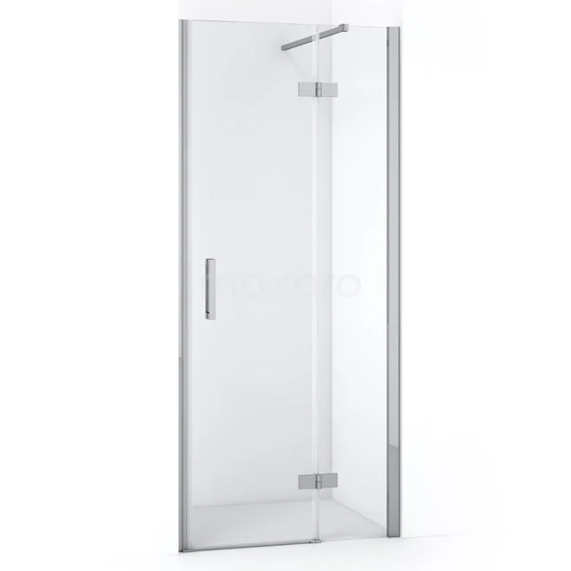 Glasene Duschtür mit silbernem Haltegriff und Scharnieren, straffes Design für moderne Badezimmerinterieurs.