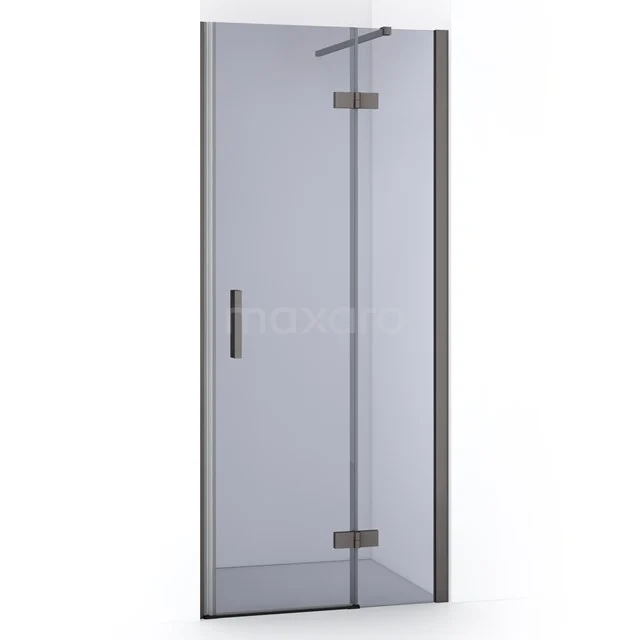 Glass shower door with black metal accents, sleek design, ideal for modern bathrooms.