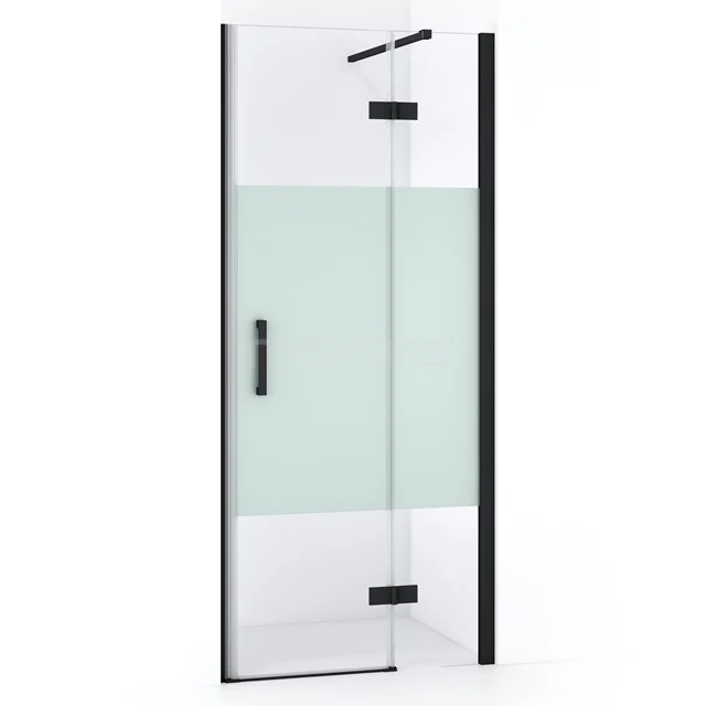 Duschtür Diamond 80cm aus klarem Sicherheitsglas mit mattem Streifen Matt Schwarz DDB22351113MB Glasene Duschtür mit matt schwarzem Rahmen, halbmattem Dekorstreifen und robustem Haltegriff, ideal für ein modernes Badezimmer.