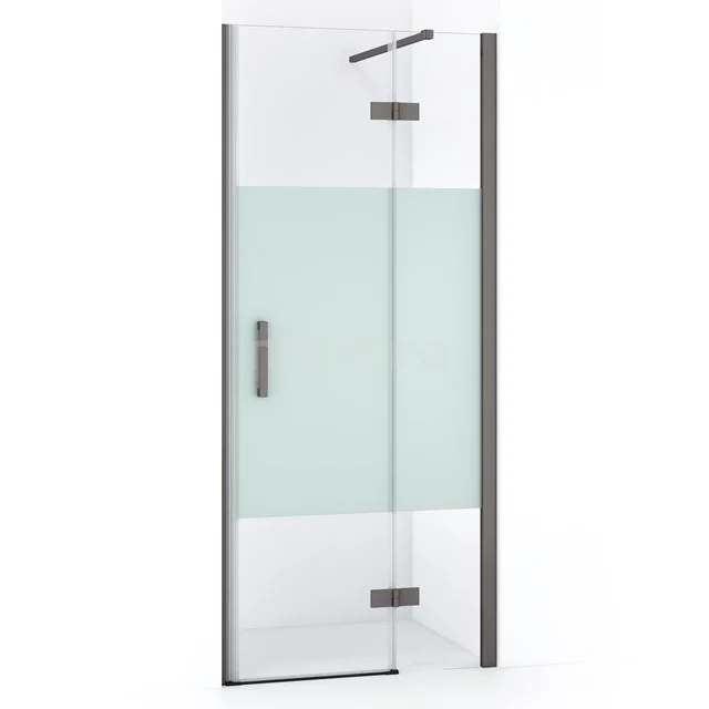 Glass shower door with frosted glass, black metal profiles and Handle, ideal for modern bathroom design.