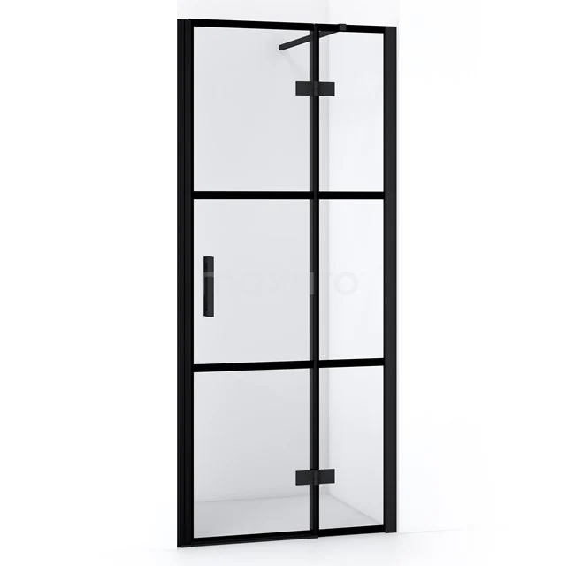 Black shower door with matte black frame and frosted glass, industrial design, ideal for a modern bathroom style.
