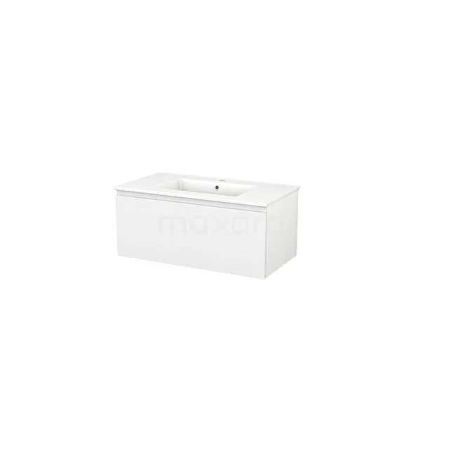 Modulo+ Bathroom furniture with sink | 90 cm High-gloss white Handle-less front Ceramic 1 drawer BMP001620 White bathroom furniture set with built-in basin, sleek design, high-gloss finish; perfect for modern bathroom style.