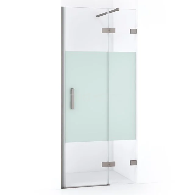 Glass shower door with frosted glass centre panel, stainless steel hinges and sleek modern design for a stylish bathroom.