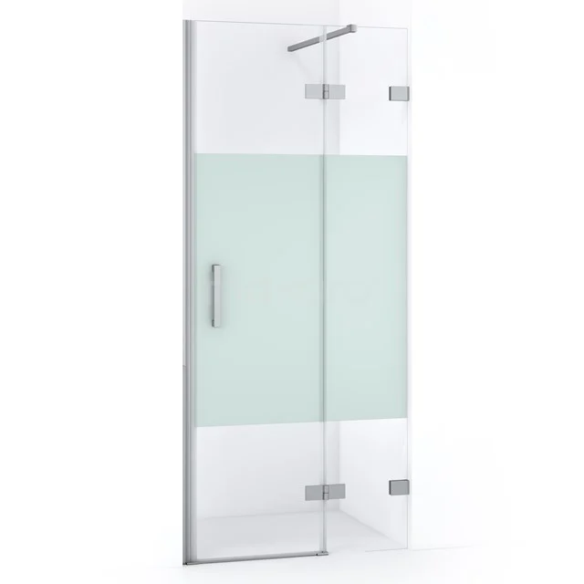 Glas Duschtür mit Mattglasdetail, silberfarbene Scharniere und Haltegriff, ideal für eine moderne Badezimmer Einrichtung.