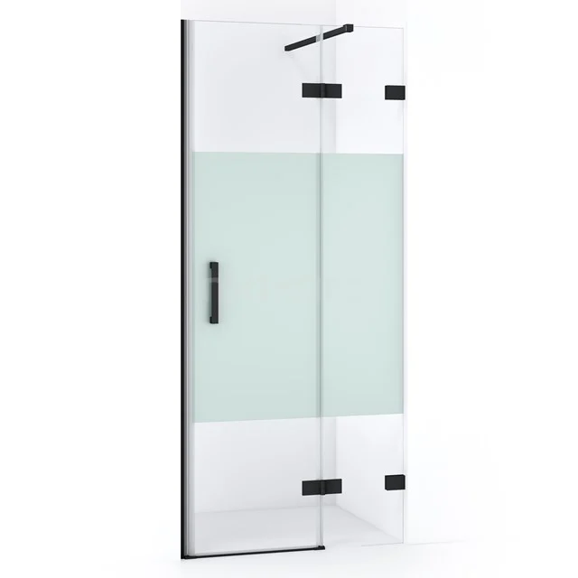 Glasdusche mit matt weißem Paneel, schwarzen Scharnieren und Haltegriff, ideal für einen modernen Badezimmerstil.