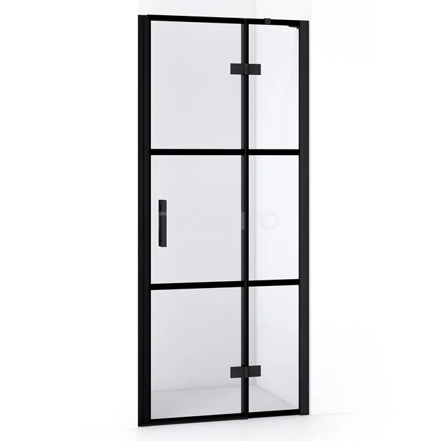 Stilvolle schwarze Duschtür mit industriellem Design, Glasplatten und Metallrahmen, perfekt für moderne Bäder.