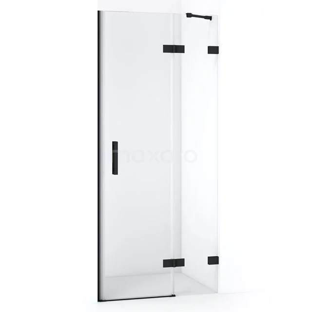 Duschtür mit Klarglas, schwarzen Scharnieren und Haltegriff, modernes Design, perfekt für luxuriöse Badezimmergestaltung.