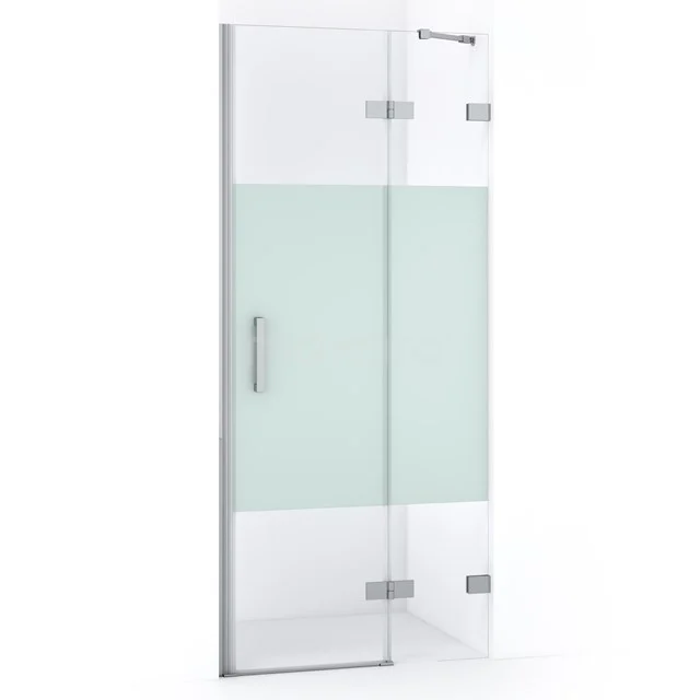 Glasene Duschtür mit klarem und mattem Muster, silberner Haltegriff, geeignet für moderne Bäder.