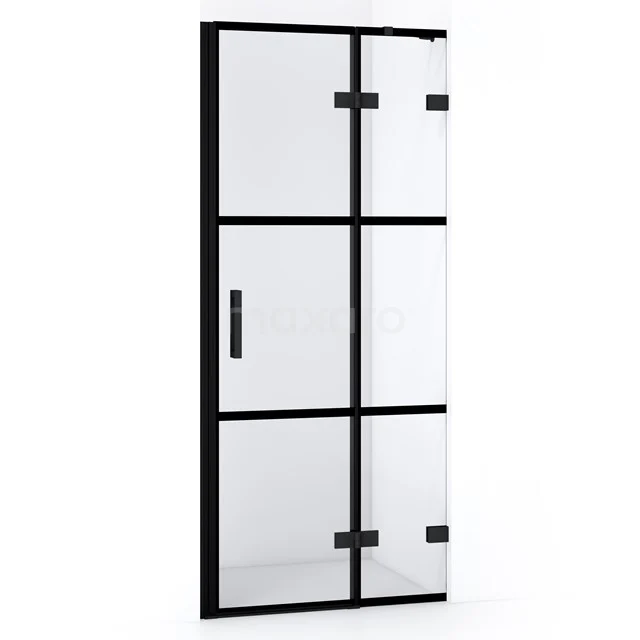 Diamond Duschtür | 80 cm Matt Schwarz Klar mit 4 schwarzen Streifen Drehtür DDB22351228MB Schwarze industrielle Duschtür mit Klarglas, minimalistisches Design und stabilem Metallrahmen, ideal für moderne Bäder.