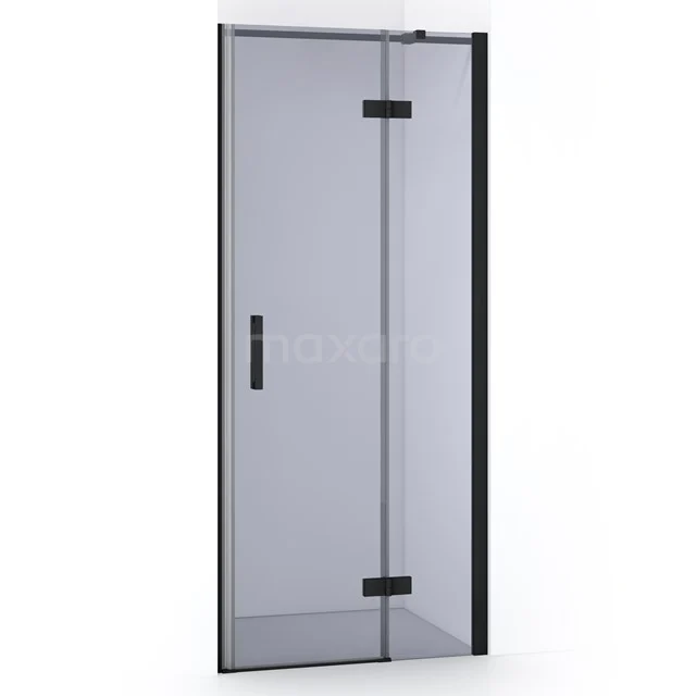 Schwarze Glas-Duschtür mit matt schwarzen Scharnieren und Haltegriff, geeignet für moderne Bäder, Serie Elegance.