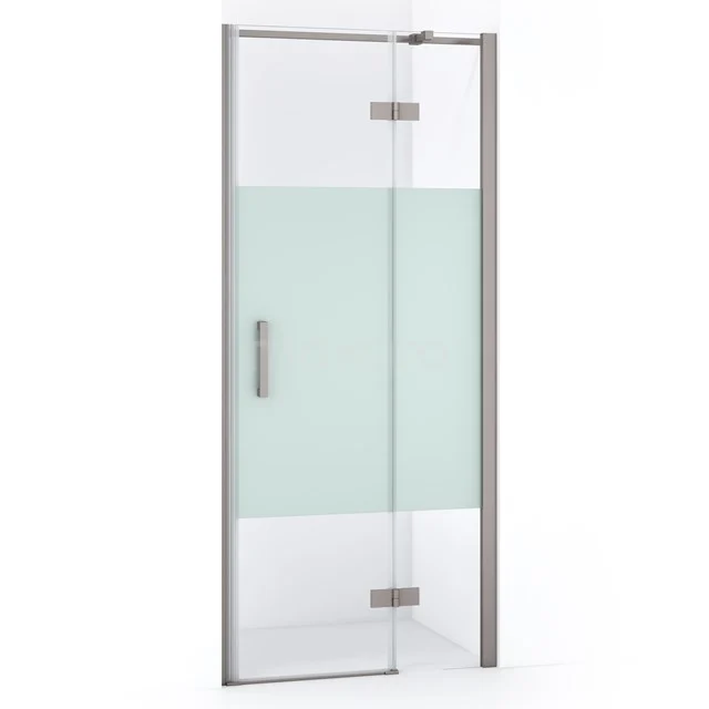 Glasene Duschtür mit mattem Bereich, silbernem Rahmen und Haltegriff, ideal als moderne Badezimmerlösung.