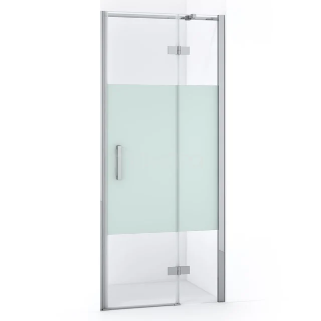 Glas Duschtür mit Mattglasakzent, Aluminium Profil und Drehfunktion, ideal für moderne Badezimmergestaltung.