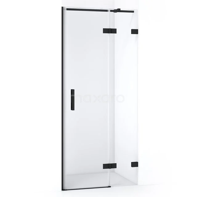 Duschtür mit schwarzen Metallakzenten, Klarglas und schlankem Design, ideal für ein modernes Badezimmer.