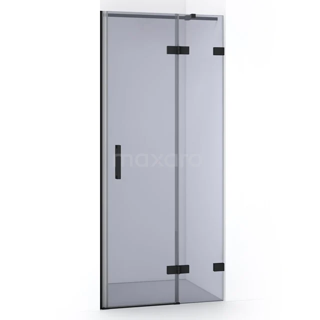 Glasene Duschtür, transparent mit schwarzen Metallscharnieren, modernes Design für ein stilvolles Badezimmer.