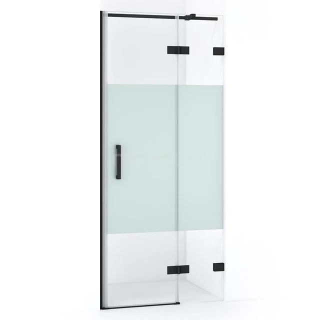 Duschtür mit Mattglas, schwarzen Metallakzenten und modernem Schloss, ideal für ein stilvolles Badezimmer.