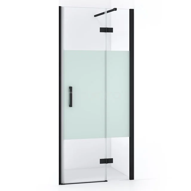 Duschtür mit schwarzen Akzenten, Klarglas und mattem Privatsphäre-Panel, ideal für eine stilvolle und moderne Badezimmergestaltung.