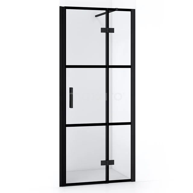 Schwarze Duschtür mit industriellem Design, matt schwarzem Rahmen und Klarglas, ideal für einen modernen Badezimmerstil.