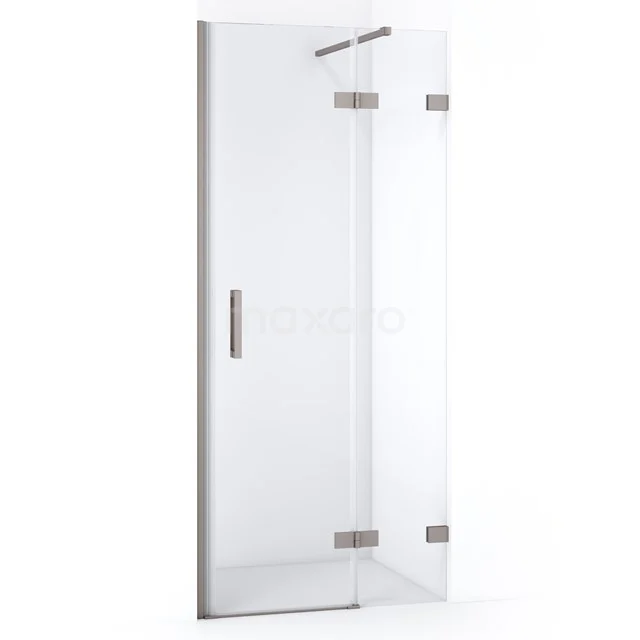 Glasene Duschtür mit Eckaufstellung, ausgestattet mit Edelstahl Scharnieren und Haltegriff, ideal für ein modernes Badezimmer.