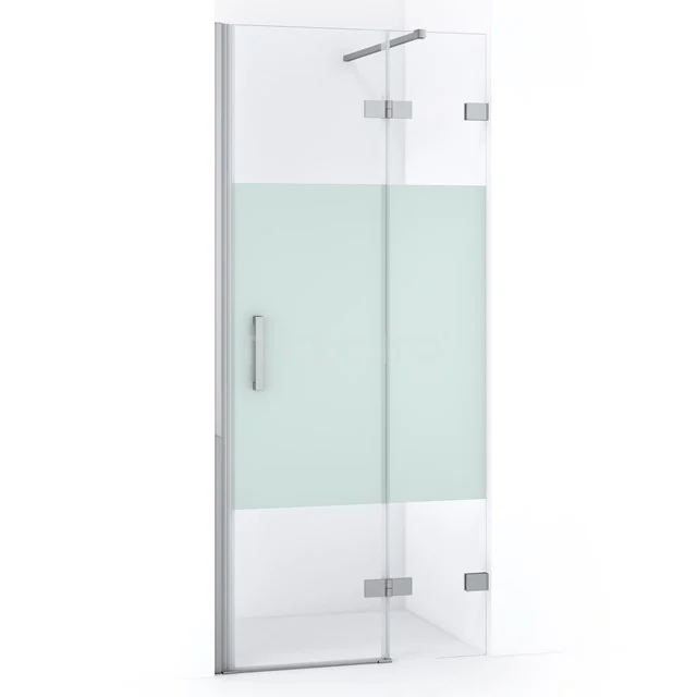 GlasduschTür mit matt weißer Streifen, Edelstahl Haltegriff und Scharniere, modernes und elegantes Design für ein stilvolles Badezimmer.