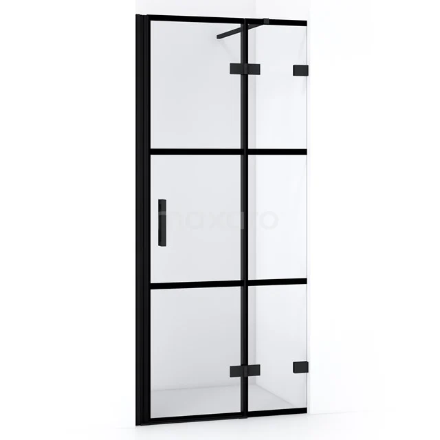 Schwarze industrielle Duschwand aus Glas mit Metallgitter, ideal für einen modernen Badezimmerstil.