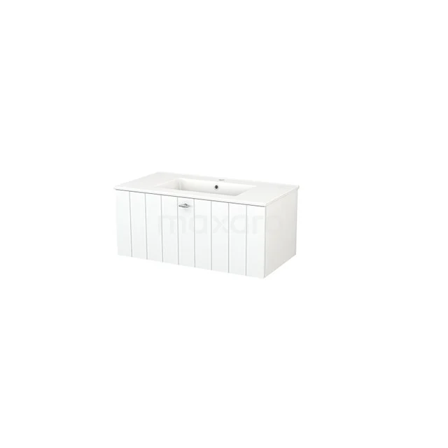 Weißes Badezimmermöbel mit integrierter Waschbecken, schlankes Design, horizontale Linien und moderne Ausführung.