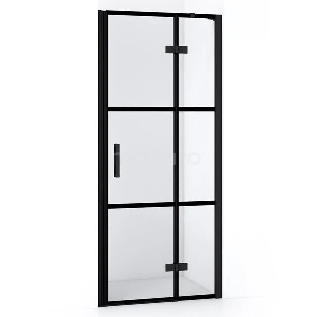 Diamond Duschtür | 80 cm Matt Schwarz Klar mit 4 schwarzen Streifen Drehtür DDB22352218MB Schwarze Stahl-Duschtür mit Klarglas, industrieller Stil, ideal als stilvolle Badezimmerlösung.