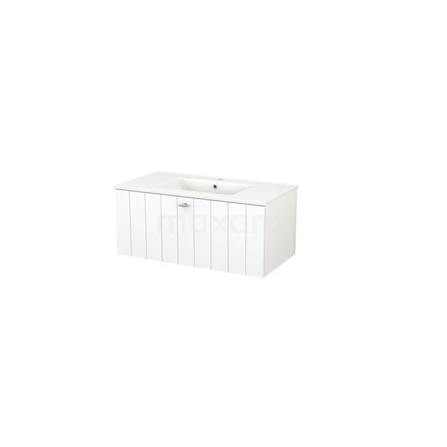 White bathroom unit with modern horizontal panels, integrated vanity units with basin and storage space, ideal for a stylish bathroom.