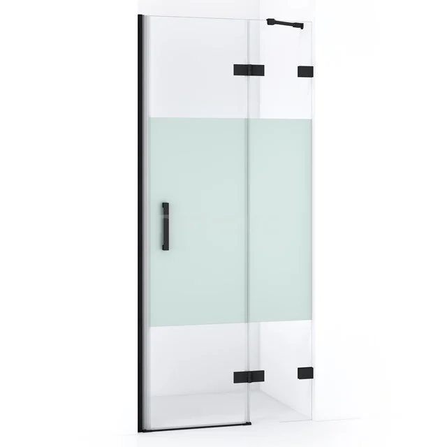 Matte Glas-Duschtür mit schwarzen Metallakzenten, platzsparendes Falt-System, ideal für moderne Bäder.
